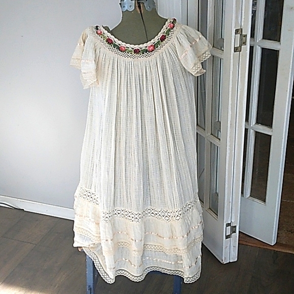ADORABLE BOHO/HIPPIE CREAM GAUZE EMBROIDERED MADE IN MEXICO DRESS WOMANS M - Picture 5 of 9